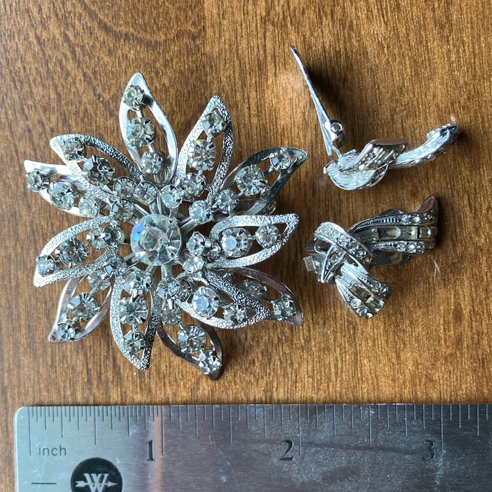 Silver & Rhinestone Floral Brooch and Earrings Set